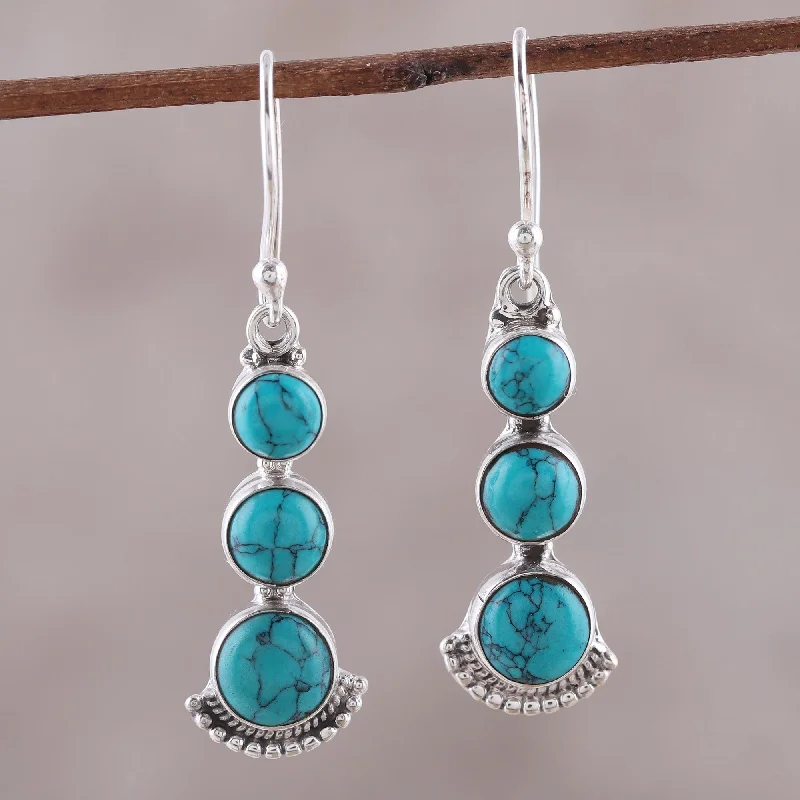 Medium hoop earrings for an everyday look with the perfect balance of style-Triple Gleam Round Sterling Silver and Composite Turquoise Earrings