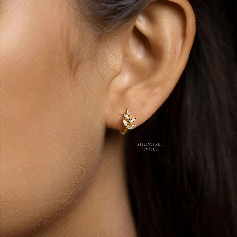 African Drop Earrings with Culture -Leaf CZ Hoop Earrings, Olive Leaf Huggies, Gold, Silver SHEMISLI - SH008 LR