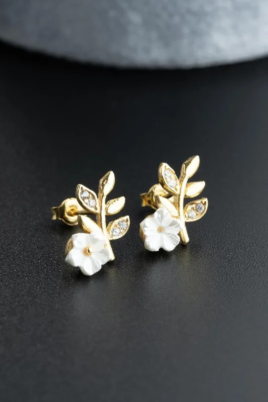 Minimalist Drop Earrings with Simplicity -Nereze | Gold Plated Tiny Magnolia Flower Olive Branch Earrings