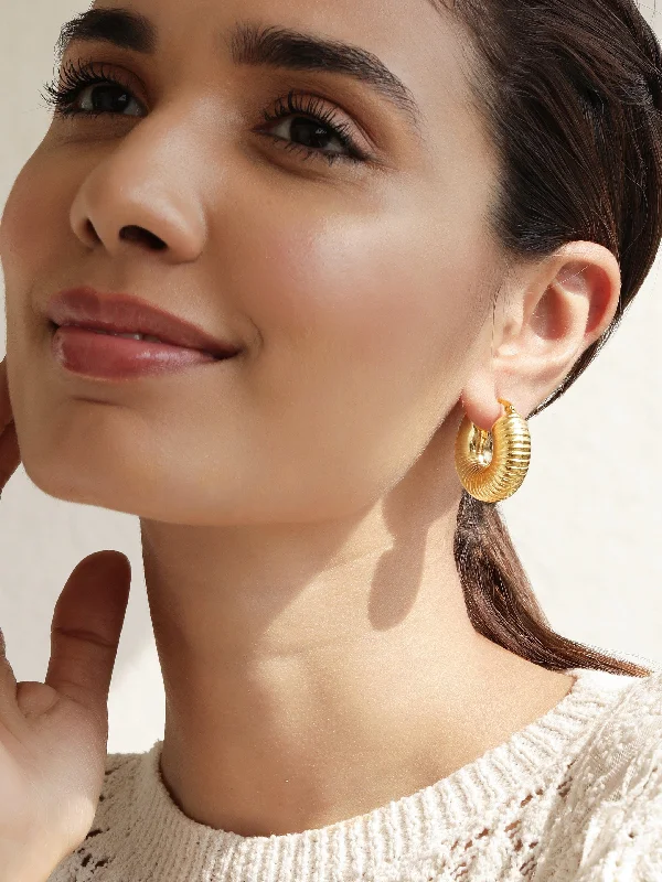 Nickel Free Drop Earrings for Safety -Rubans 18K Gold Plated Stainless Steel Tarnish-Free Waterproof Bold Ribbed Hoop Earrings