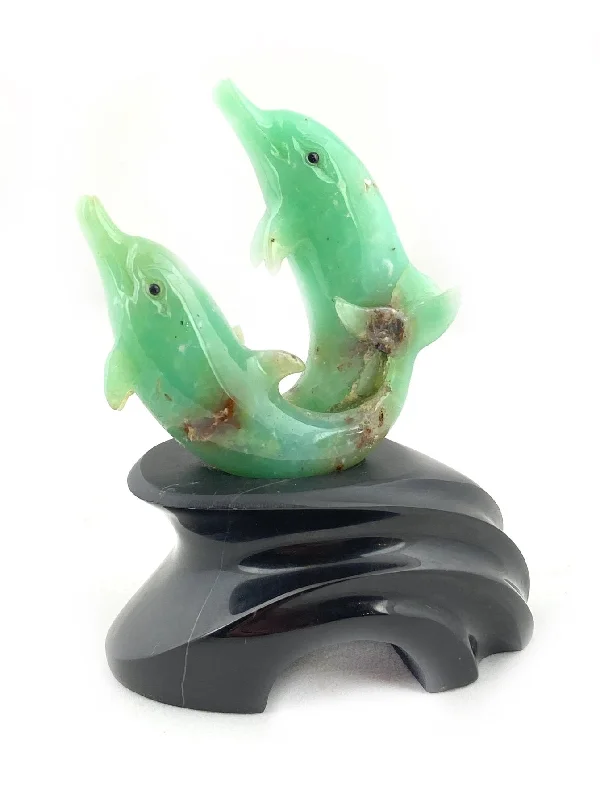 Stunning necklaces and pendants with jade gemstones for a calming green hue-Chrysoprase Dolphin Pair Carving