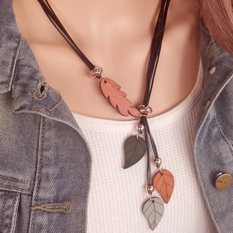 Personalized necklaces and pendants with coordinates for a meaningful location-based gift-Ethnic Wood Leaf Pendants Necklace