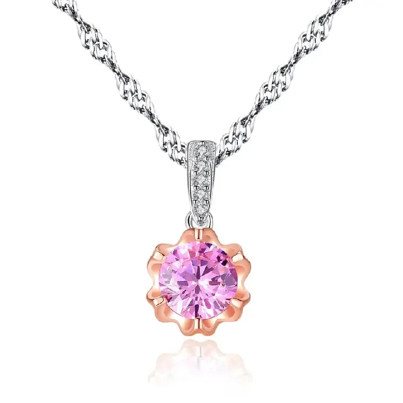 Best necklaces and pendants with layered designs for a chic, stacked look-Pink Cubic Zirconia Flower Necklace Silver Women Jewelry High Quality 925 Silver Jewelry