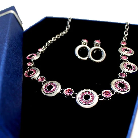 Necklaces and pendants with lotus flower designs for a spiritual, peaceful vibe-Pink Rose Crystal Chain Earring Necklace Set