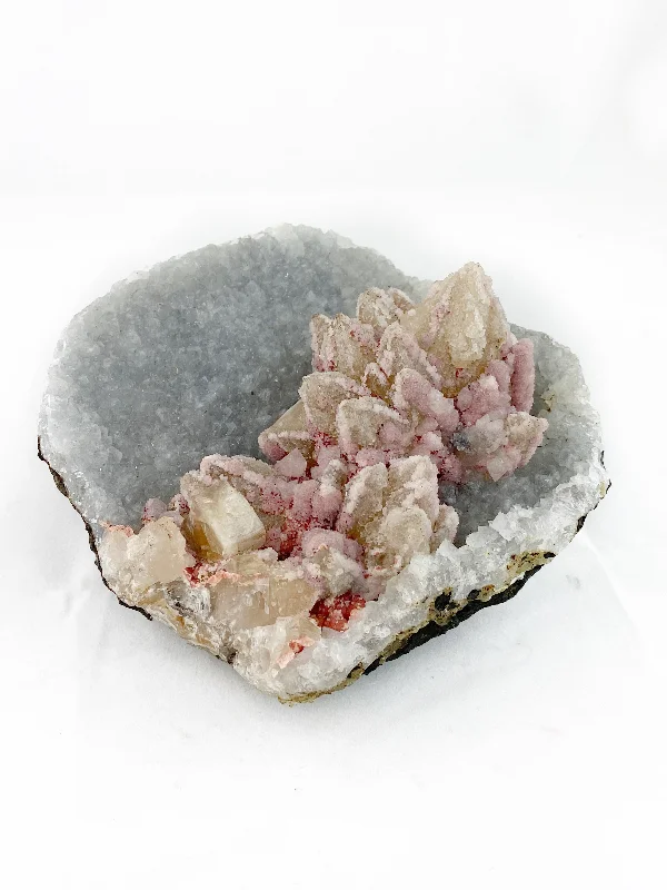 Unique necklaces and pendants with gemstones for a colorful and vibrant statement-Red Fluorite, Heulandite, Apophyllite + Calcite in  Quartz Geode