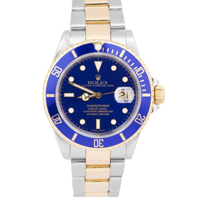 Necklaces and pendants with engraved messages for a deeply personal, sentimental gift-Rolex Submariner Date 40mm Blue Two-Tone GOLD BUCKLE 18K Stainless Steel 16613