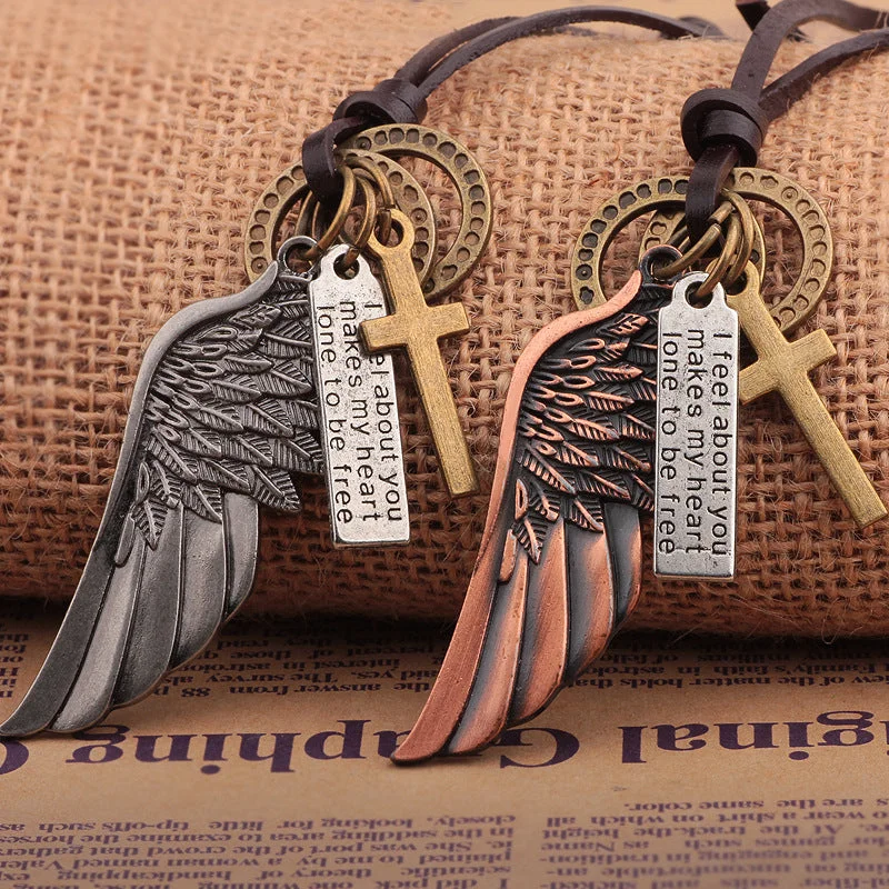 Necklaces and pendants with angel wing motifs for a spiritual, meaningful design-Wholesale Angel Wings Genuine Leather Necklaces