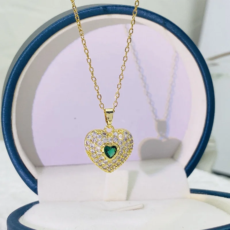 Beautiful necklaces and pendants with moon and star charms for a dreamy effect-Wholesale Golden Love Micropaved Green Zirconia Titanium Steel Necklace Clavicle Chain