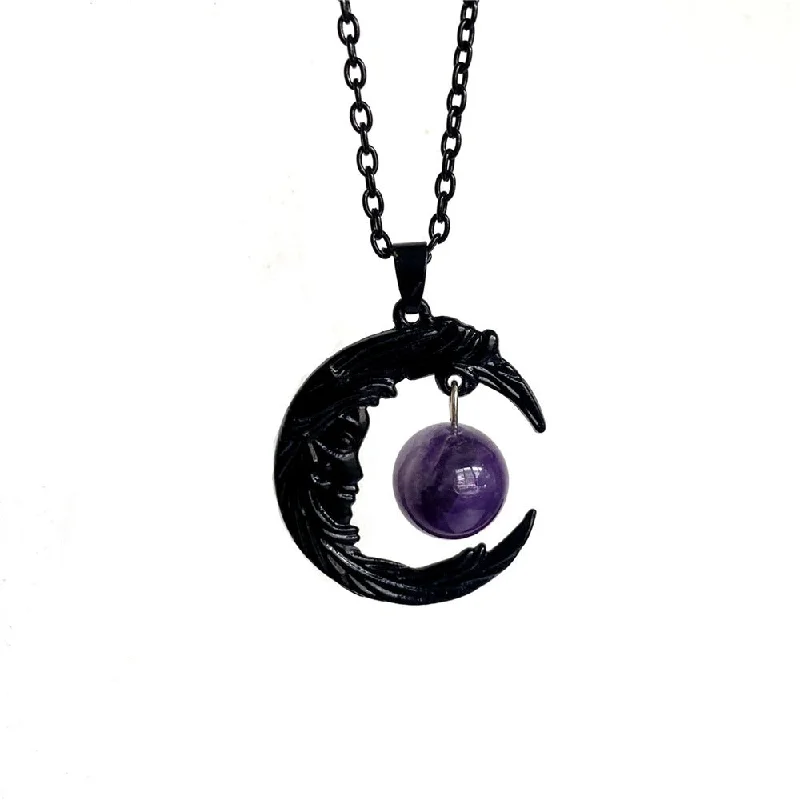 Best necklaces and pendants with intricate filigree for vintage-inspired elegance-Wholesale Gothic Face Black Crescent Amethyst Pendant Alloy Necklaces