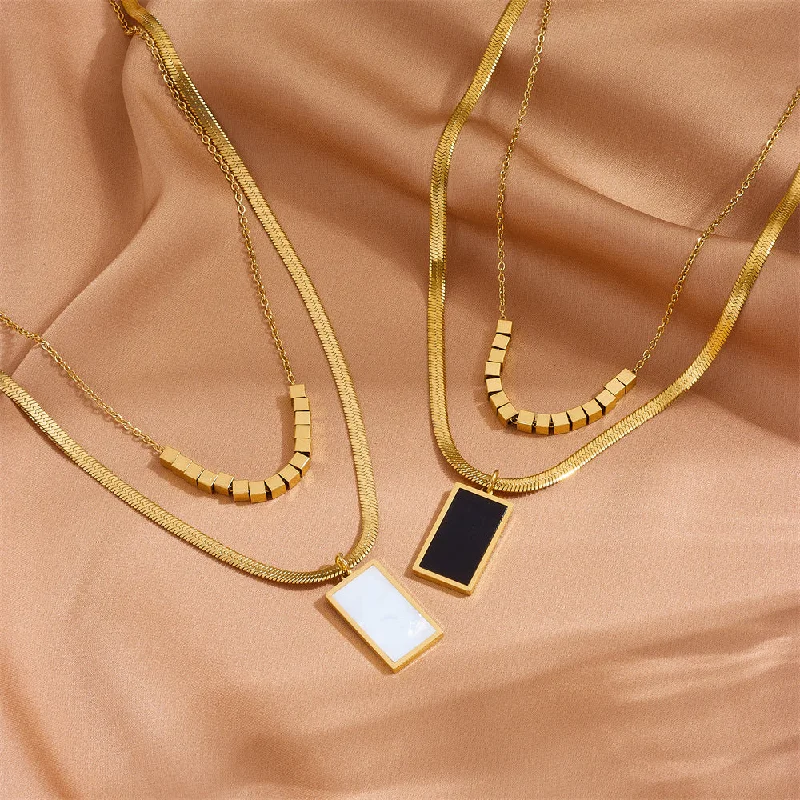 Necklaces and pendants with abstract shapes for a modern, creative appearance-Wholesale Stainless Steel Geometric Black Square Double Layer Necklace