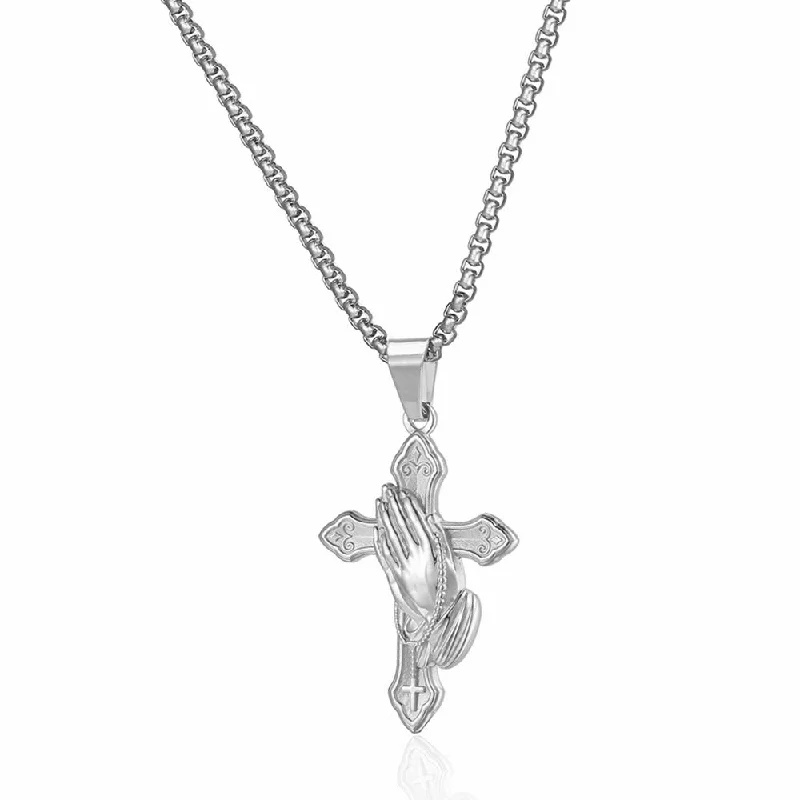 Best necklaces and pendants with layered designs for a chic, stacked look-Wholesale Titanium Steel Praying Hands Cross Pendant Necklace