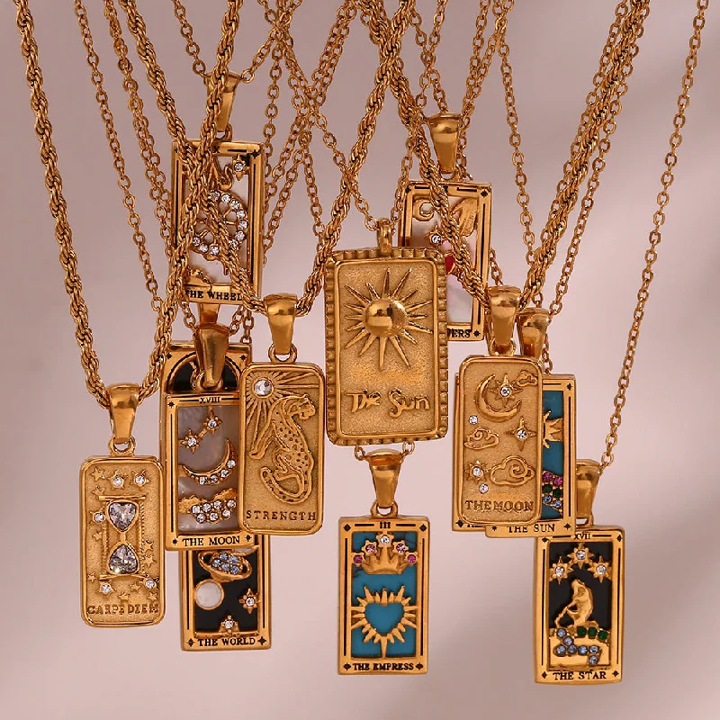 Necklaces and pendants with ocean-inspired designs for a refreshing, beachy feel-Wholesale Vintage Stainless Steel Rectangular Oil Dripping Zircon Tarot Card Necklace