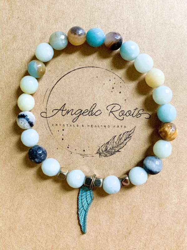 Bangle bracelets with gold and silver mixed metals for a stylish and versatile accessory-Amazonite & Angel Wing Beaded Bracelet || Reiki Infused