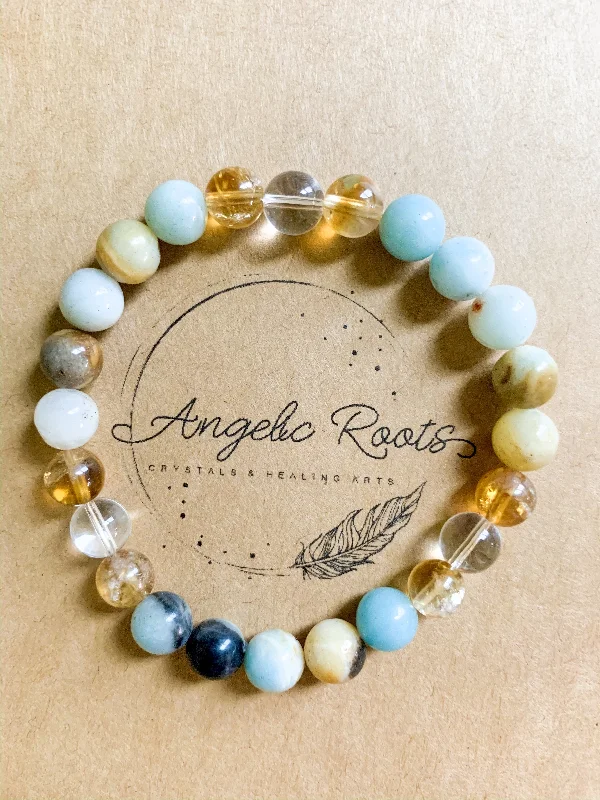 Vintage-inspired bangle bracelets with etched detailing for a timeless, antique look-Amazonite, Citrine, and Clear Quartz Beaded Bracelet || Reiki Infused