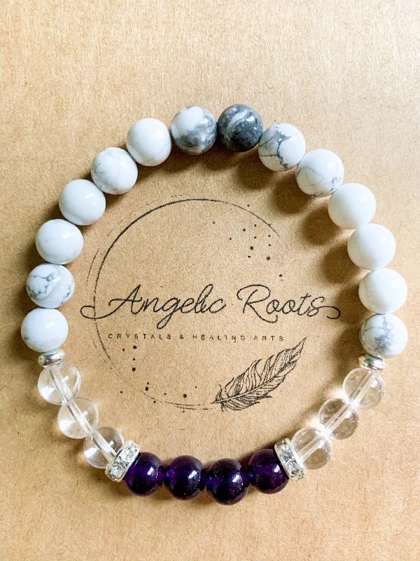 Best bangle bracelets with intricate filigree patterns for an elegant and detailed finish-Amethyst, Howlite, & Clear Quartz Beaded Bracelet || Reiki Infused