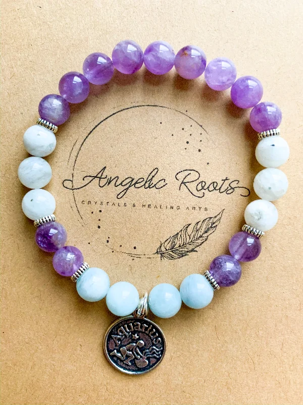 Bangle bracelets with gold and silver mixed metals for a stylish and versatile accessory-AQUARIUS Amethyst, Moonstone, Aquamarine Beaded Bracelet || Reiki Infused