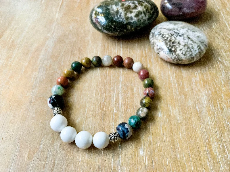 Stacked bangle bracelets with alternating textures for a dynamic, trendy look-Ocean Jasper, Mother of Pearl & Orca Agate Bracelet || Reiki Infused