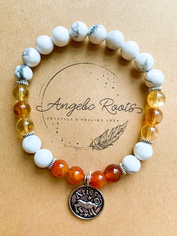 Wide bangle bracelets with boho-inspired patterns for a free-spirited design-ARIES Howlite, Citrine, Carnelian Beaded Bracelet || Reiki Infused