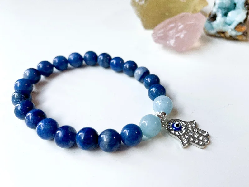 Best bangle bracelets with engraved birthstones for a personalized, meaningful gift-Blue Aventurine, Aquamarine & Hamsa Charm Beaded Bracelet