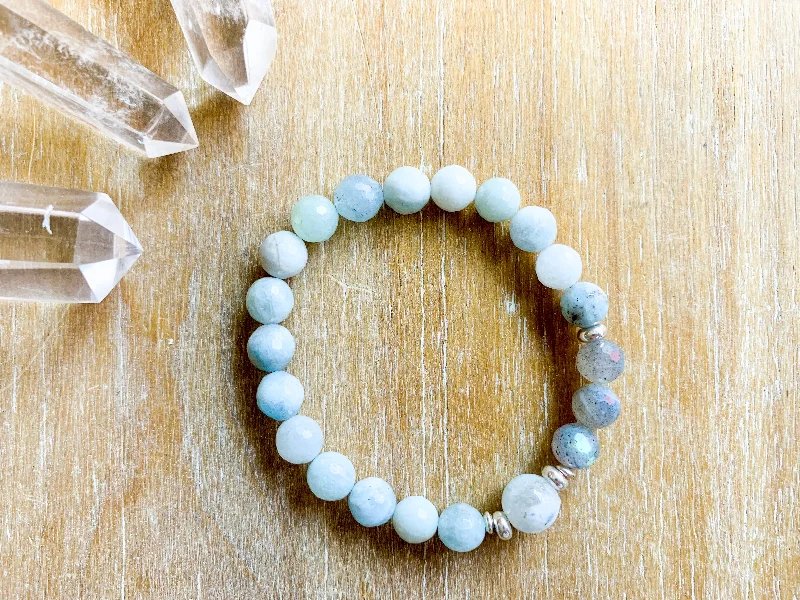 Vintage bangle bracelets with floral inlays for a romantic and retro design-Aquamarine, Labradorite & Moonstone Faceted Bracelet || Reiki Infused