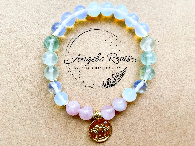 Best bangle bracelets with animal motif designs for a quirky, fun accessory-CANCER GOLD EDITION Opalite, Fluorite, Rose Quartz Beaded Bracelet || Reiki Infused