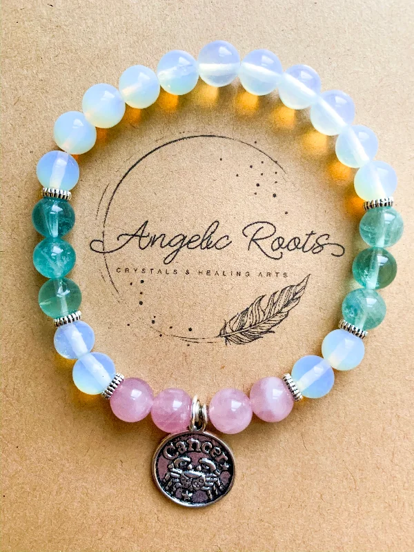 Best bangle bracelets with enamel detailing for a colorful and unique design-CANCER Opalite, Fluorite, Rose Quartz Beaded Bracelet || Reiki Infused