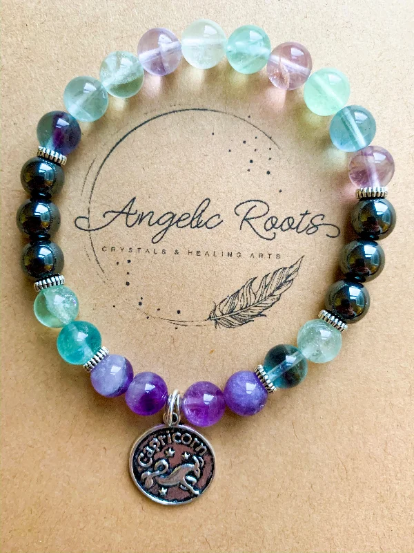 Best bangle bracelets with solid gold for an elegant and luxurious design-CAPRICORN Fluorite, Amethyst, Hematite Beaded Bracelet || Reiki Infused