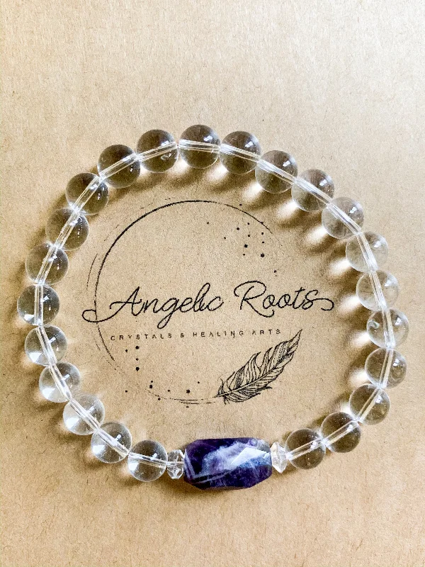 Elegant bangle bracelets with diamonds for a luxurious and sparkling accessory-Chevron Amethyst & Clear Quartz Crystal Boho Bracelet || Reiki Infused