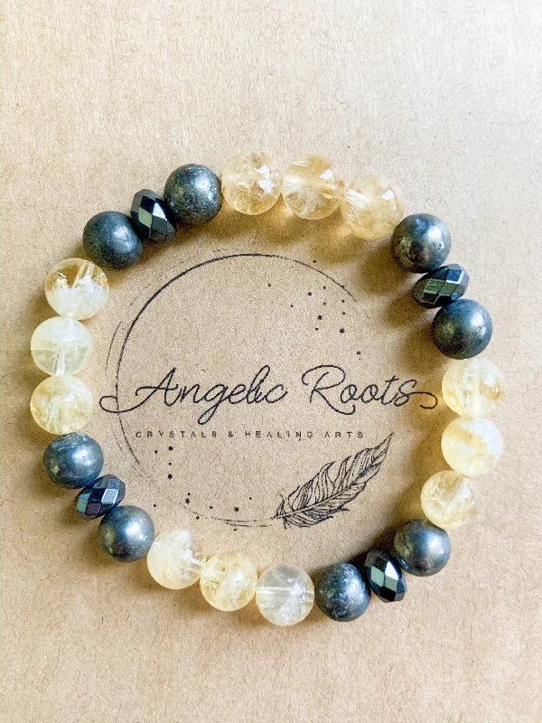 Best bangle bracelets with pastel-colored stones for a soft and delicate appearance-Citrine, Pyrite, & Hematite Beaded Bracelet || Reiki Infused