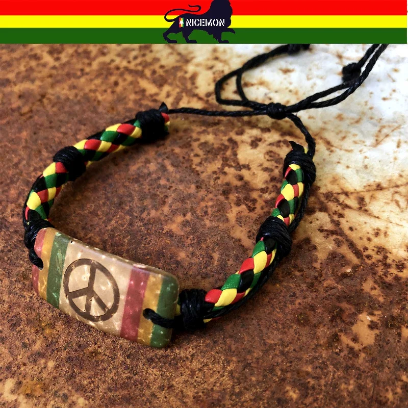 Best bangle bracelets with infinity symbols for a design full of meaning and charm-Rasta Fashion Bracelet Leather Wrist Cuff Peace Sign Emblem Jamaica Reggae IRIE