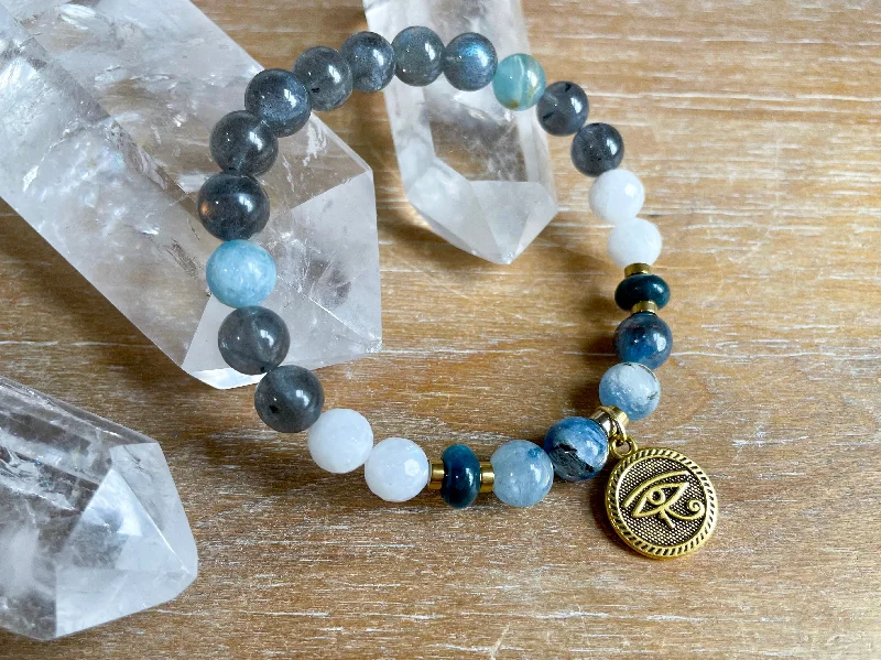 Best bangle bracelets with thin, delicate chains for an understated, sophisticated look-Evil Eye Protection || Lemurian Aquatine Calcite, Kyanite, Labradorite, Apatite & Moonstone Bracelet || Reiki Infused