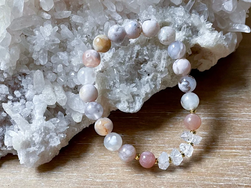 Wide bangle bracelets with bohemian designs for a bold and carefree style-Flower Agate, Peach Moonstone & Herkimer Diamond Beaded Bracelet