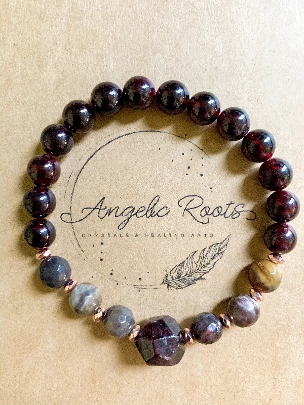 Best bangle bracelets with pearls and crystals for a glamorous and sophisticated look-Garnet & Petrified Wood Beaded Bracelet || Reiki Infused