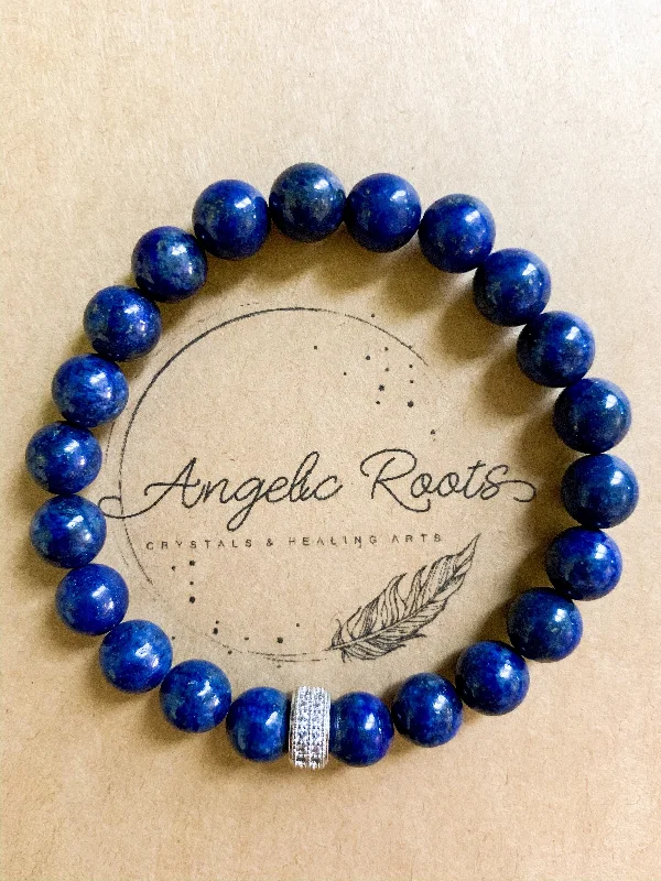 Vintage bangle bracelets with oxidized silver finishes for a rustic, antique feel-Lapis Lazuli & Micro Pave Sterling Beaded Bracelet || Reiki Infused