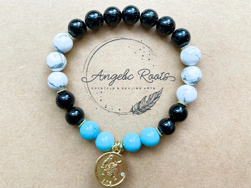 Luxury bangle bracelets with diamond accents for a sparkling, high-end accessory-LEO GOLD EDITION Onyx, Howlite, Turquoise Beaded Bracelet || Reiki Infused