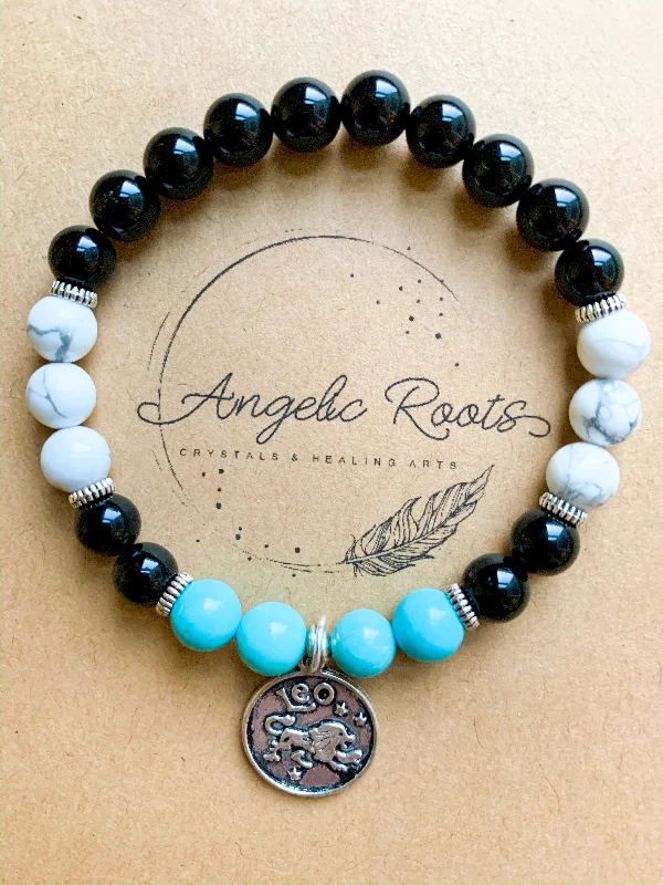 Best bangle bracelets with clear acrylic for a modern, transparent design-LEO Onyx, Howlite, Turquoise Beaded Bracelet || Reiki Infused