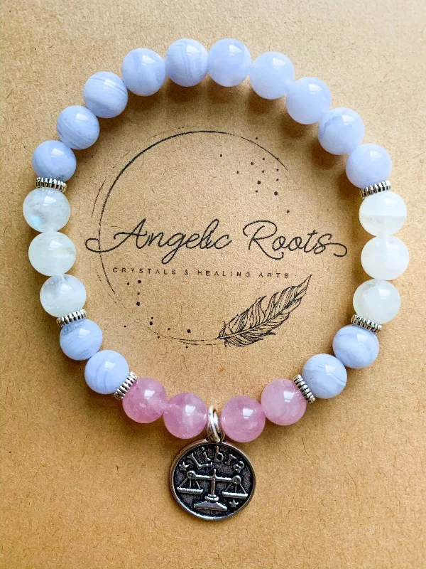 Sleek bangle bracelets with black enamel for a sophisticated and modern look-LIBRA Blue Lace Agate, Moonstone, Rose Quartz Beaded Bracelet || Reiki Infused