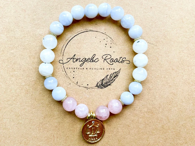 Best bangle bracelets with gold-plated finishes for an affordable luxury option-LIBRA GOLD EDITION Blue Lace Agate, Moonstone, Rose Quartz Beaded Bracelet || Reiki Infused