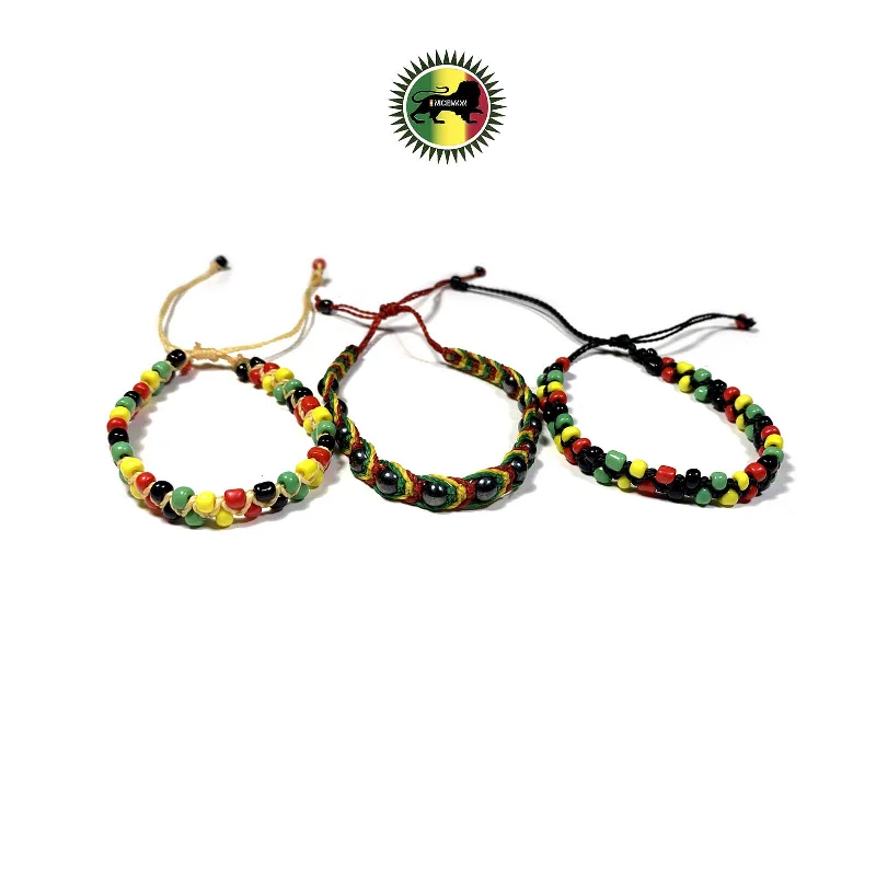 Best bangle bracelets with thin, delicate chains for an understated, sophisticated look-Lot Of 3 Jamaica Rasta Style Beads Band Bracelet Wrist Bracelet Cuff SZ FIT