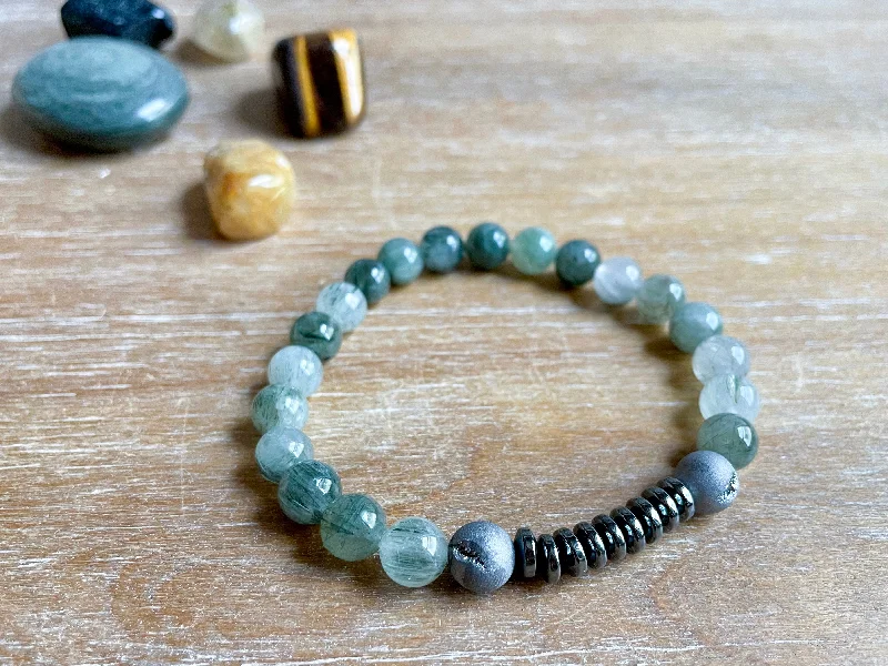 Wide bangle bracelets with bright gemstone accents for a bold, vibrant style-Masculine Line || Green Quartz, Druzy Quartz & Hematite Beaded Bracelet