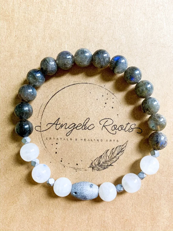 Thin bangle bracelets with mixed metals for a contemporary and versatile look-Moonstone, Labradorite, & Druzy Quartz Beaded Bracelet || Reiki Infused