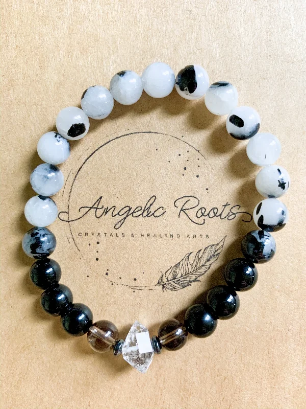 Wide bangle bracelets with modern geometric patterns for a bold fashion statement-Onyx, Tourmalinated Quartz, Smoky Quartz, Herkimer Diamond Beaded Bracelet || Reiki Infused