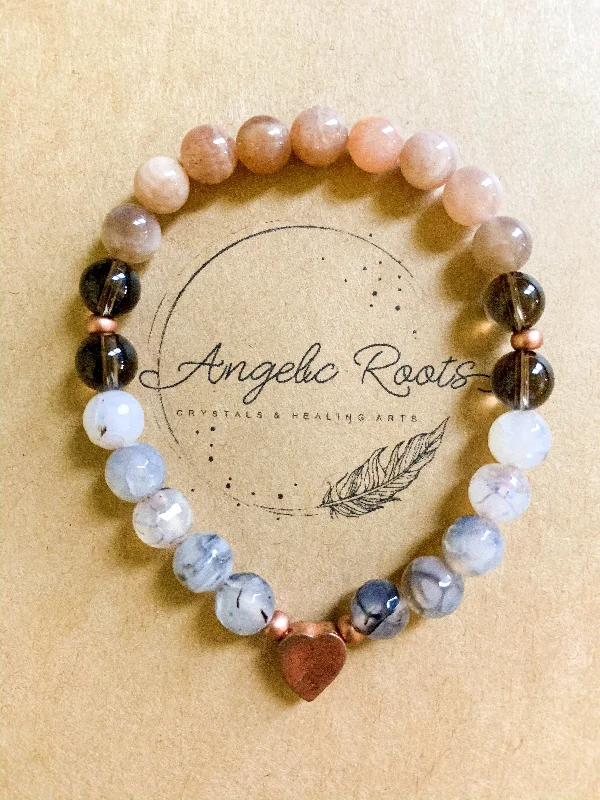 Wide bangle bracelets with bright gemstone accents for a bold, vibrant style-Peach Moonstone, Dragon Vein Agate, Smoky Quartz, and Copper Beaded Bracelet || Reiki Infused