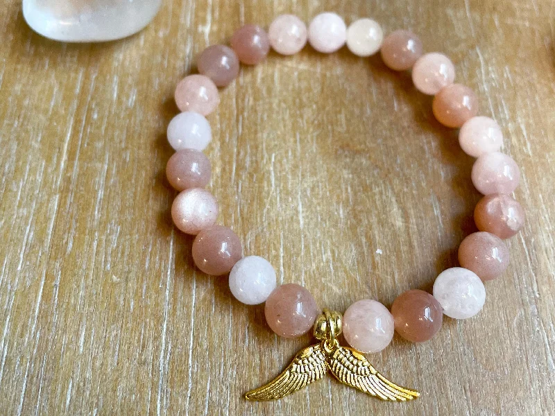 Sleek bangle bracelets with polished titanium for a modern and lightweight option-Peach Moonstone & Morganite Bracelet || Gold Angel Wings || Reiki Infused