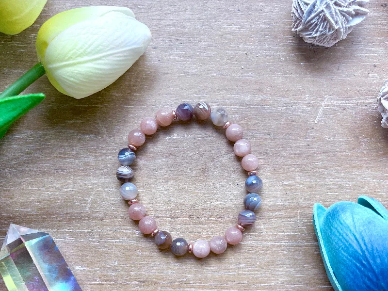 Best silver bangle bracelets with intricate detailing for a timeless and sophisticated style-Peach Moonstone & Botswana Agate Beaded Bracelet || Reiki Infused