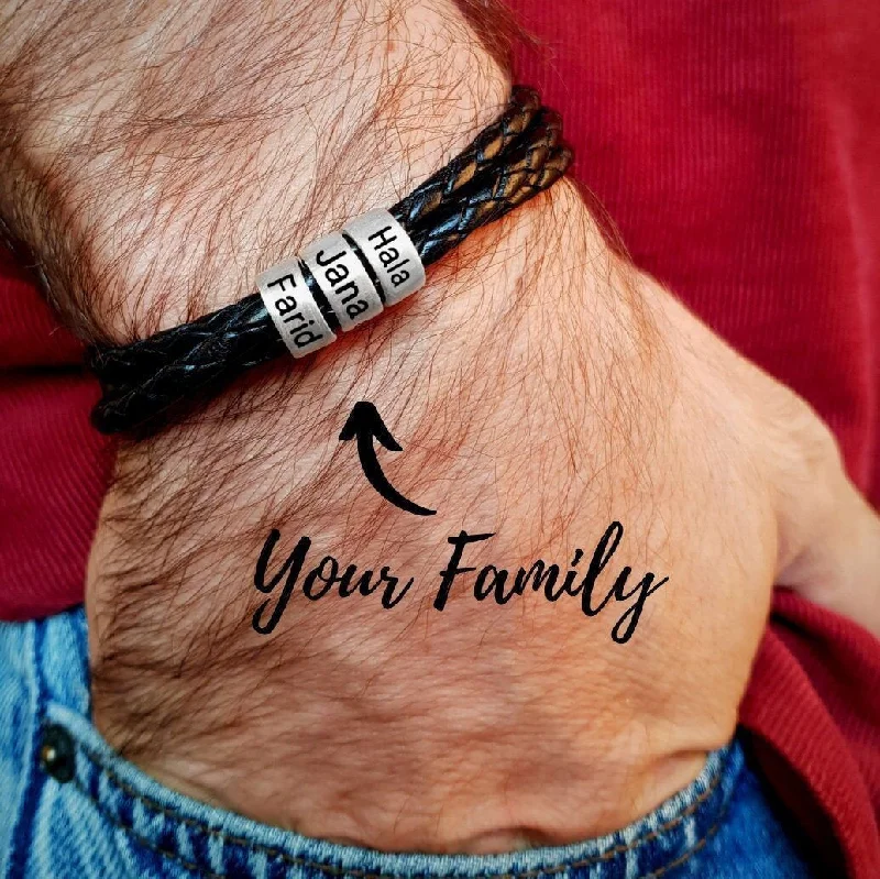 Best bangle bracelets with engraved floral patterns for a delicate and elegant design-Personalized Men Bracelet | Family Names Men Leather Bracelet | Men Engraved Bracelet | Men's Custom Bracelet Bangle | Silver Bead Bracelet