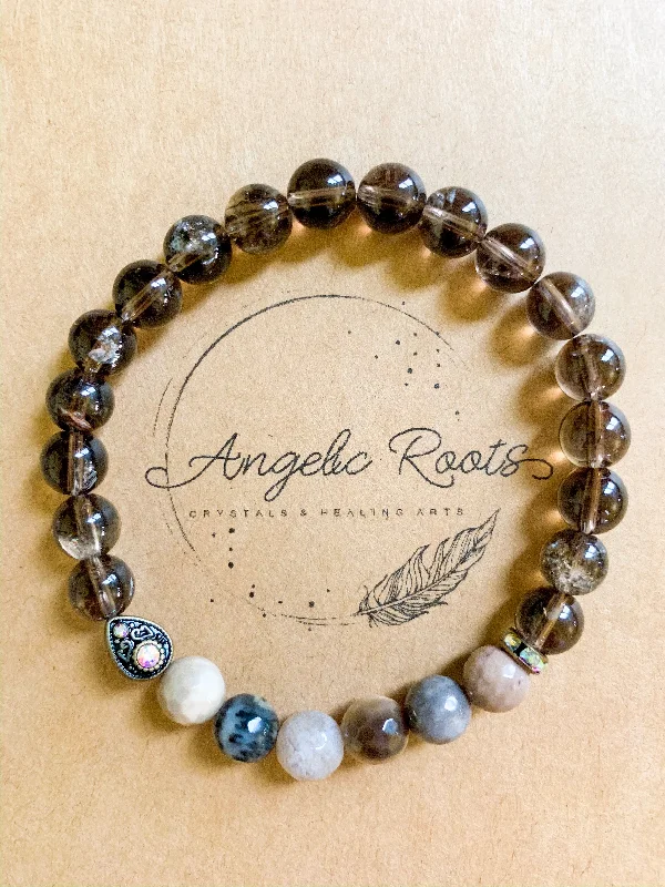 Sleek bangle bracelets with modern metallic finishes for a polished, chic design-Petrified Wood & Smoky Quartz Beaded Bracelet || Reiki Infused