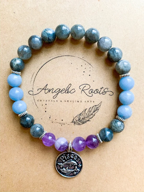 Bangle bracelets with hand-painted designs for an artistic and colorful look-PISCES Amethyst, Labradorite, Angelite Beaded Bracelet || Reiki Infused