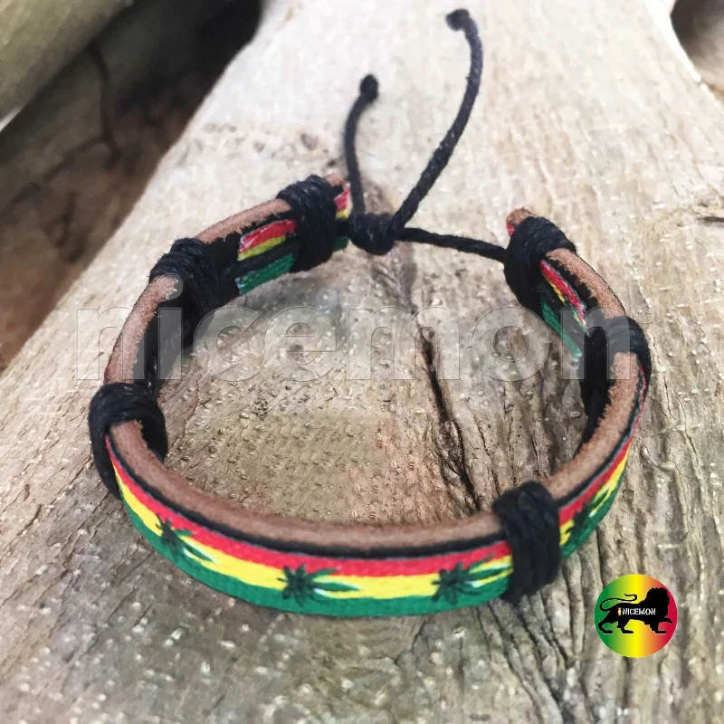 Customizable bangle bracelets with initials for a personalized, meaningful gift-Rasta Black Leather Wrist Cuff Canna Leaf Emblem Wrist Bracelet Bob Reggae IRIE