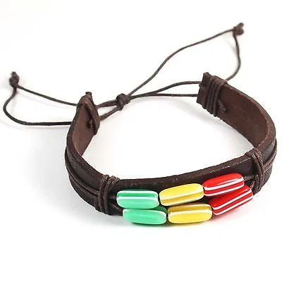 Luxury bangle bracelets with diamond accents for a sparkling, high-end accessory-Rasta Brown Leather Bracelet Wrist Band Hippie Hawaii Dub Ras Reggae Marley RGY